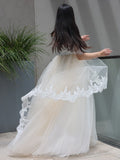 A-Line/Princess Lace Ruffles Off-the-Shoulder 1/2 Sleeves Sweep/Brush Train Junior/Girls Bridesmaid Dresses