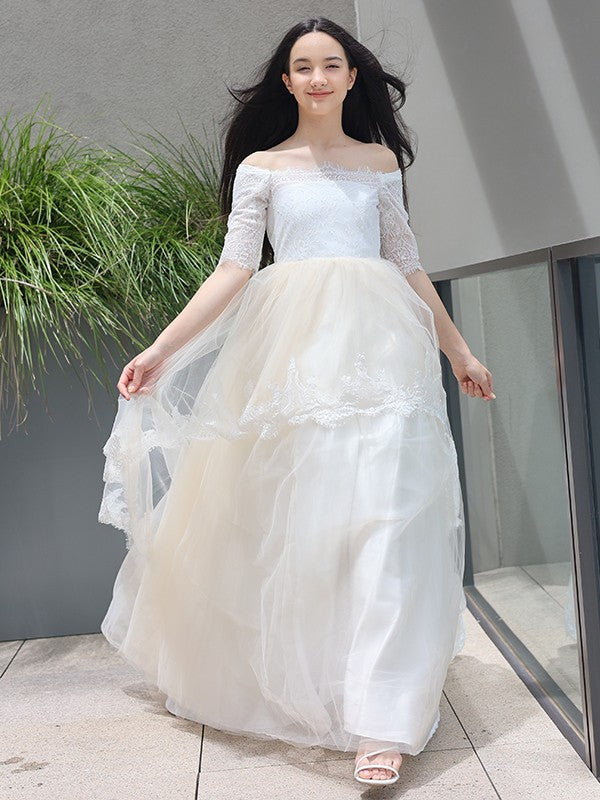 A-Line/Princess Lace Ruffles Off-the-Shoulder 1/2 Sleeves Sweep/Brush Train Junior/Girls Bridesmaid Dresses
