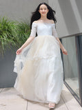 A-Line/Princess Lace Ruffles Off-the-Shoulder 1/2 Sleeves Sweep/Brush Train Junior/Girls Bridesmaid Dresses