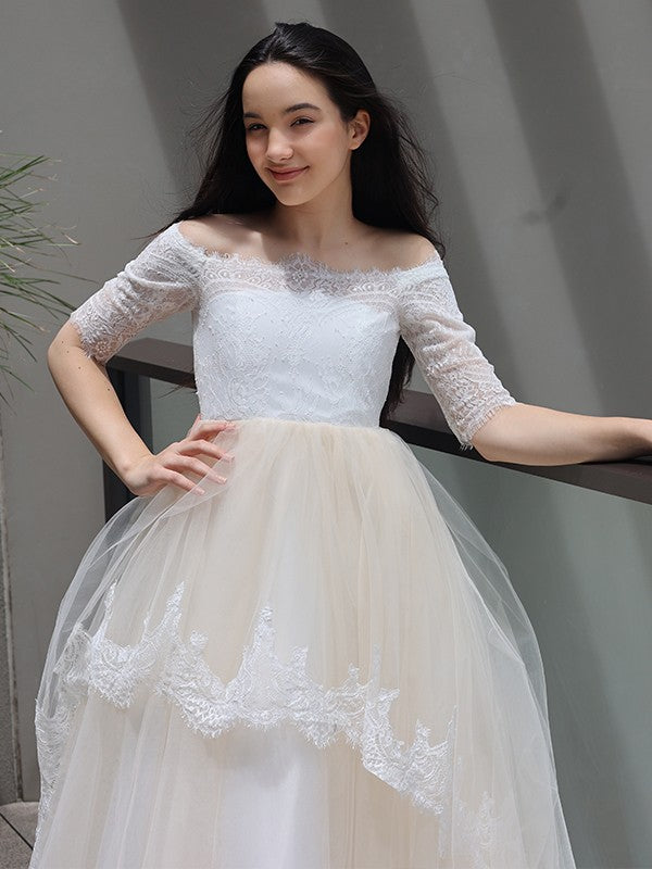 A-Line/Princess Lace Ruffles Off-the-Shoulder 1/2 Sleeves Sweep/Brush Train Junior/Girls Bridesmaid Dresses