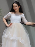 A-Line/Princess Lace Ruffles Off-the-Shoulder 1/2 Sleeves Sweep/Brush Train Junior/Girls Bridesmaid Dresses