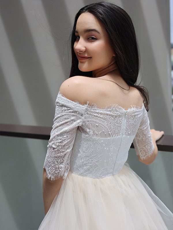 A-Line/Princess Lace Ruffles Off-the-Shoulder 1/2 Sleeves Sweep/Brush Train Junior/Girls Bridesmaid Dresses
