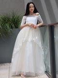 A-Line/Princess Lace Ruffles Off-the-Shoulder 1/2 Sleeves Sweep/Brush Train Junior/Girls Bridesmaid Dresses