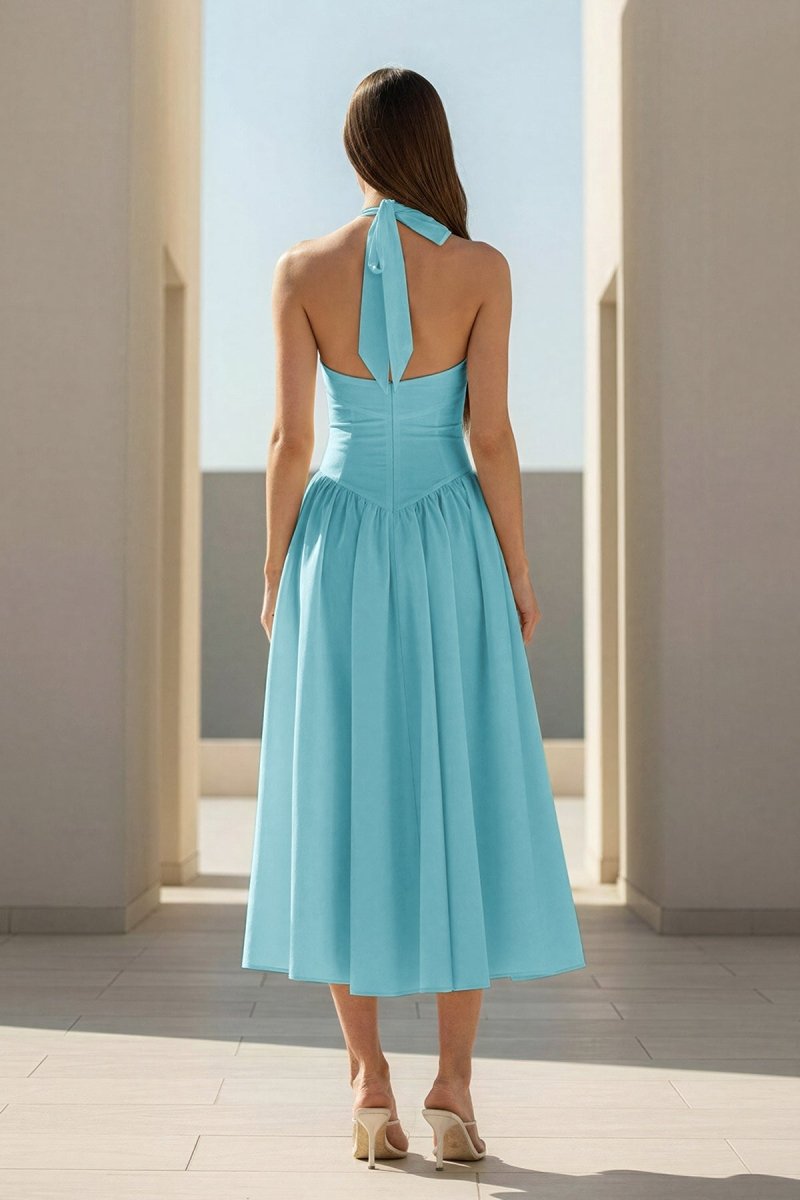 Yellow Halter A Line Satin Pleated Tea Length Formal Prom Dresses