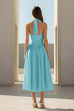 Yellow Halter A Line Satin Pleated Tea Length Formal Prom Dresses