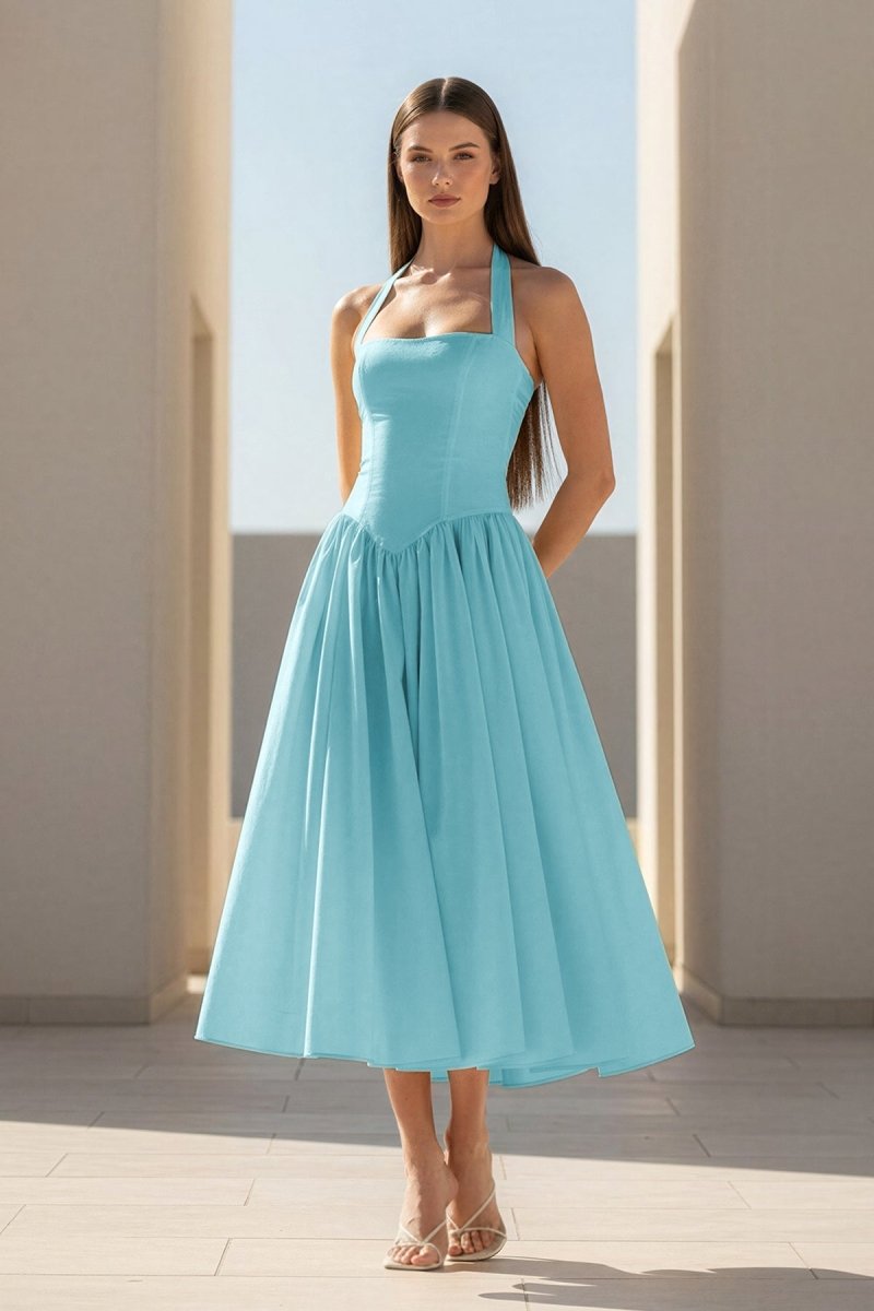 Yellow Halter A Line Satin Pleated Tea Length Formal Prom Dresses