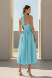 Yellow Halter A Line Satin Pleated Tea Length Formal Prom Dresses