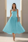 Yellow Halter A Line Satin Pleated Tea Length Formal Prom Dresses