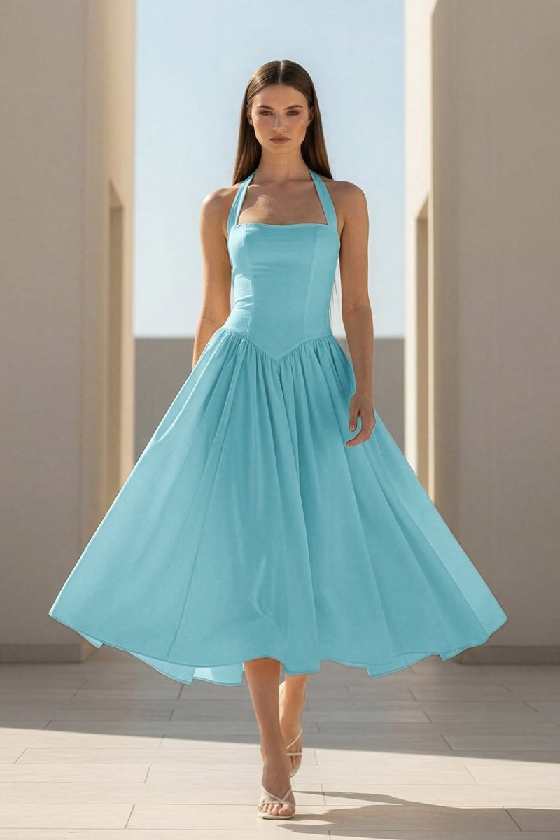 Yellow Halter A Line Satin Pleated Tea Length Formal Prom Dresses