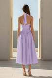 Yellow Halter A Line Satin Pleated Tea Length Formal Prom Dresses