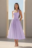 Yellow Halter A Line Satin Pleated Tea Length Formal Prom Dresses