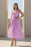 Yellow Halter A Line Satin Pleated Tea Length Formal Prom Dresses