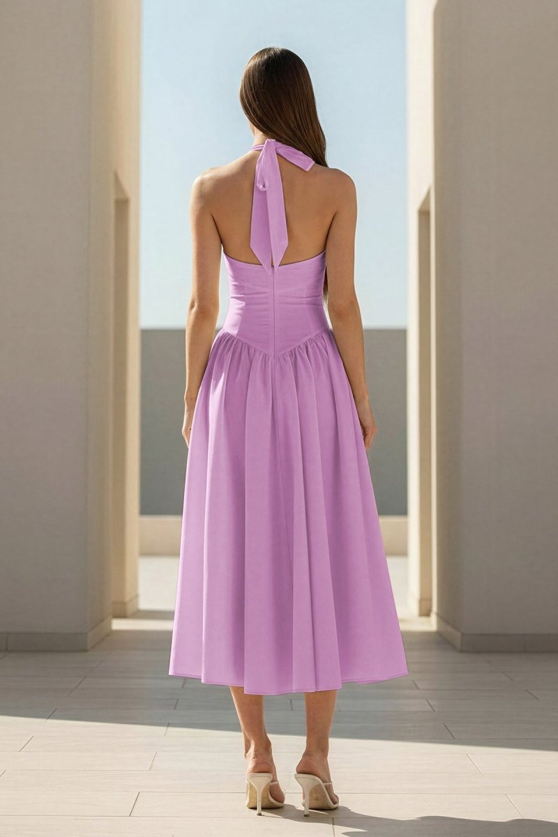 Yellow Halter A Line Satin Pleated Tea Length Formal Prom Dresses