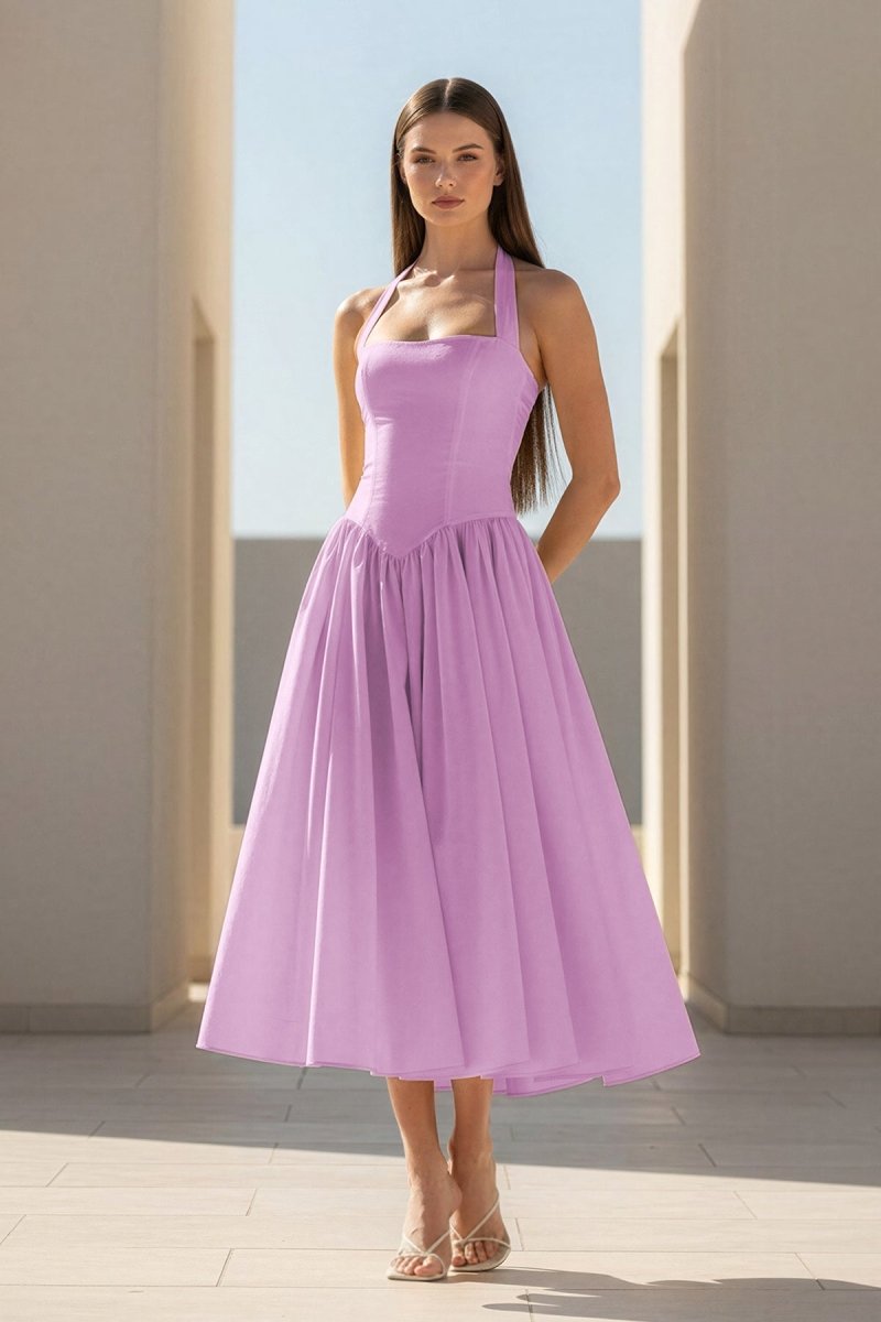 Yellow Halter A Line Satin Pleated Tea Length Formal Prom Dresses