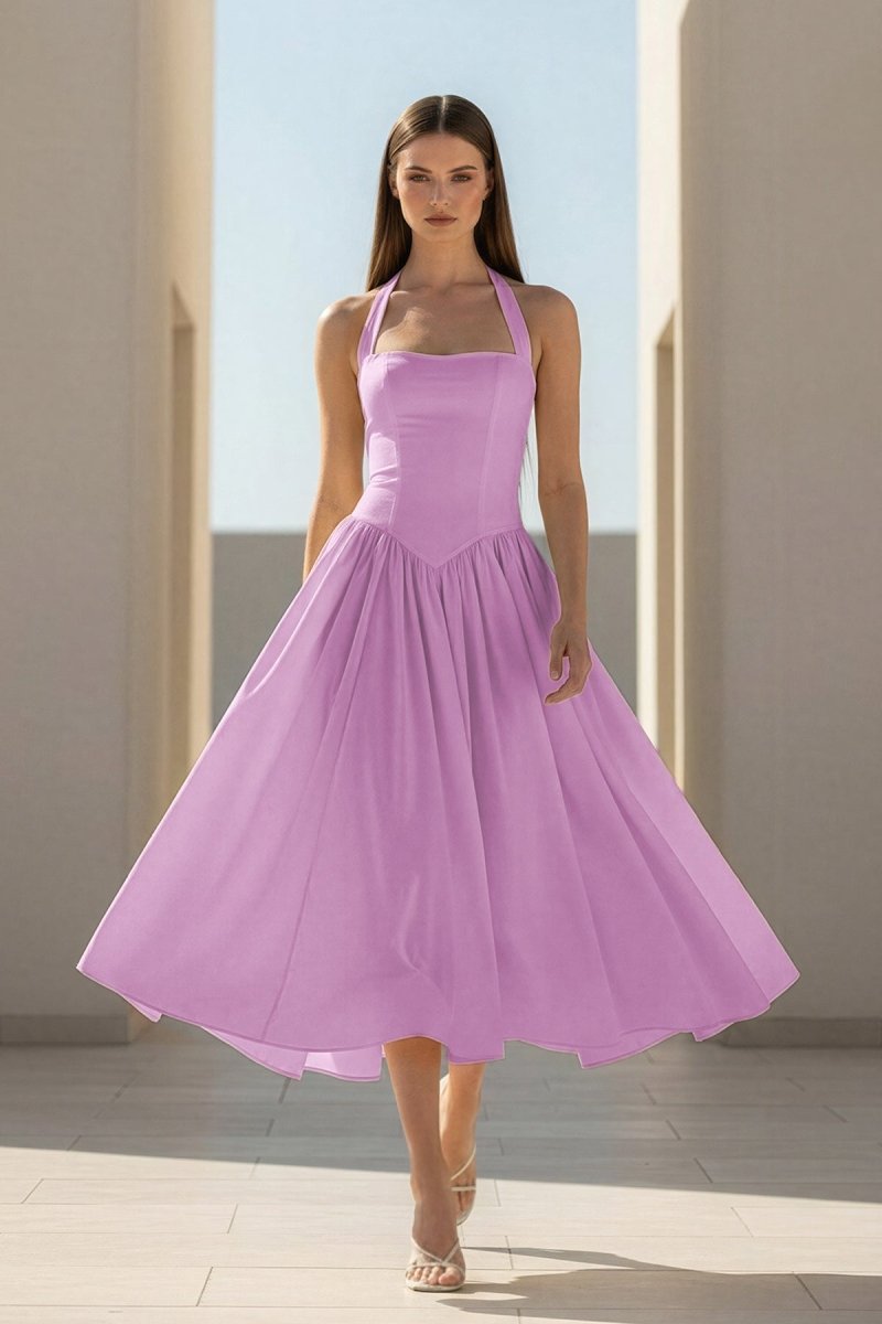 Yellow Halter A Line Satin Pleated Tea Length Formal Prom Dresses