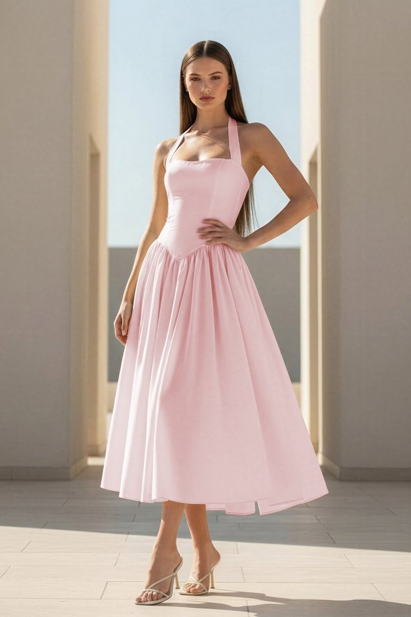 Yellow Halter A Line Satin Pleated Tea Length Formal Prom Dresses