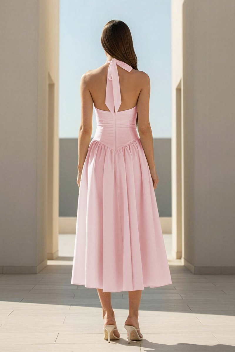 Yellow Halter A Line Satin Pleated Tea Length Formal Prom Dresses