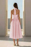 Yellow Halter A Line Satin Pleated Tea Length Formal Prom Dresses