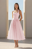 Yellow Halter A Line Satin Pleated Tea Length Formal Prom Dresses