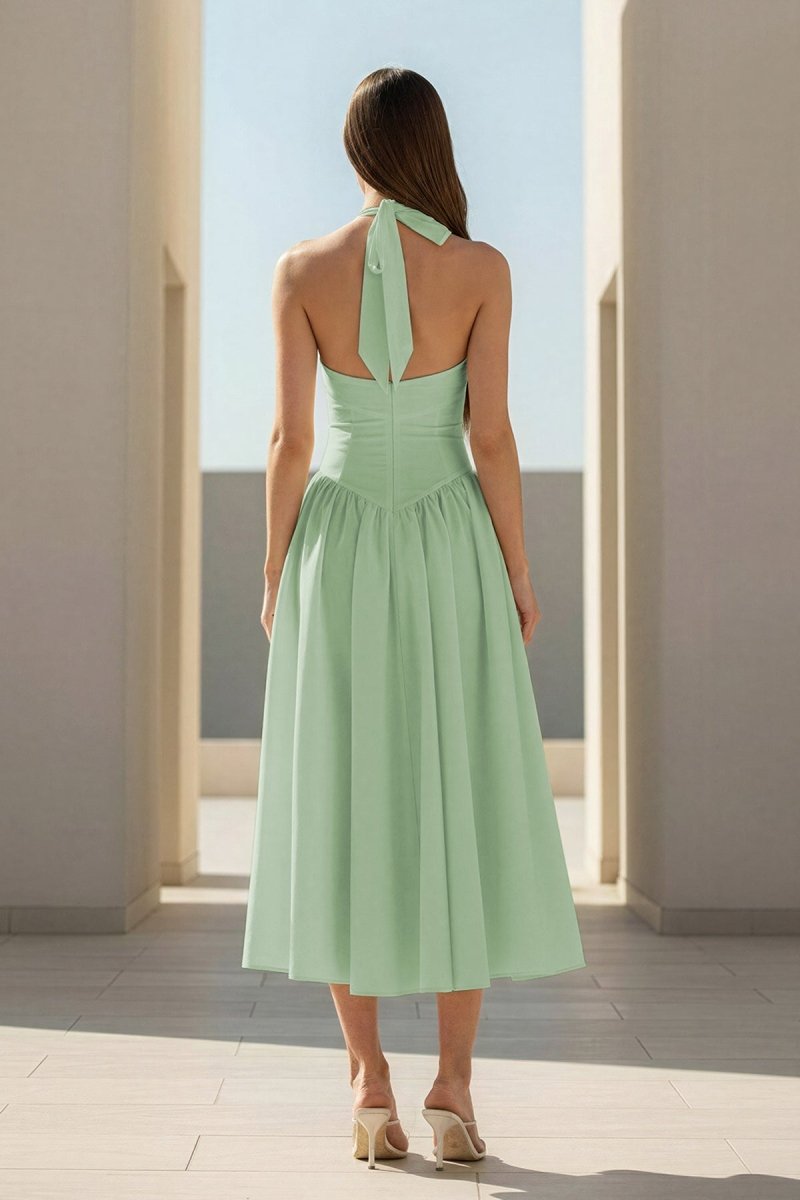Yellow Halter A Line Satin Pleated Tea Length Formal Prom Dresses