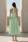 Yellow Halter A Line Satin Pleated Tea Length Formal Prom Dresses