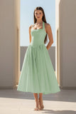 Yellow Halter A Line Satin Pleated Tea Length Formal Prom Dresses