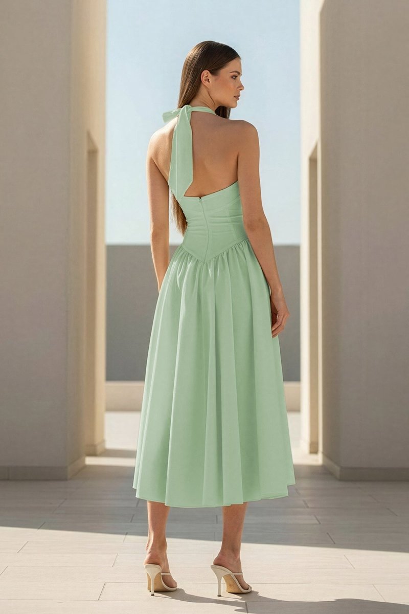 Yellow Halter A Line Satin Pleated Tea Length Formal Prom Dresses