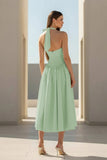 Yellow Halter A Line Satin Pleated Tea Length Formal Prom Dresses