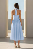 Yellow Halter A Line Satin Pleated Tea Length Formal Prom Dresses