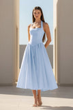 Yellow Halter A Line Satin Pleated Tea Length Formal Prom Dresses