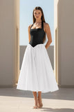 Yellow Halter A Line Satin Pleated Tea Length Formal Prom Dresses