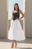 Yellow Halter A Line Satin Pleated Tea Length Formal Prom Dresses