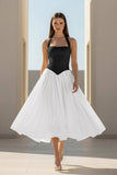 Yellow Halter A Line Satin Pleated Tea Length Formal Prom Dresses