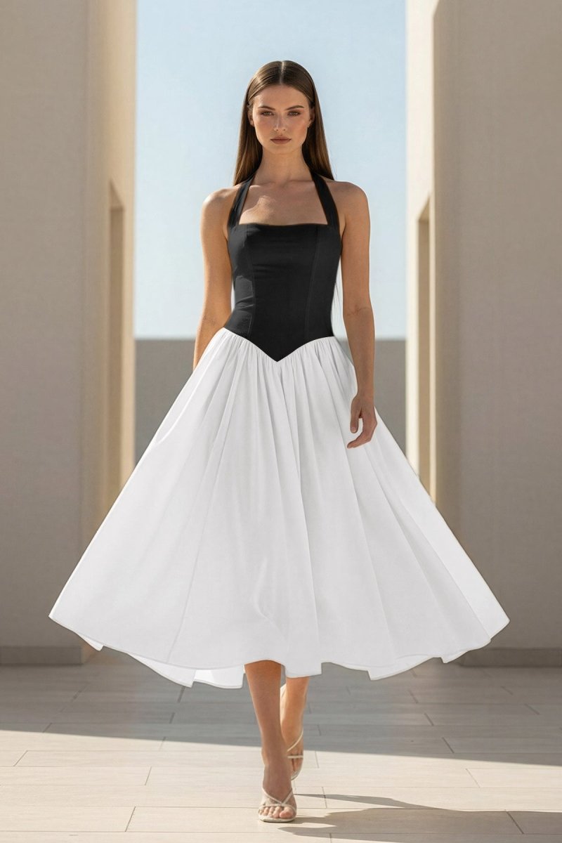 Yellow Halter A Line Satin Pleated Tea Length Formal Prom Dresses