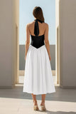 Yellow Halter A Line Satin Pleated Tea Length Formal Prom Dresses