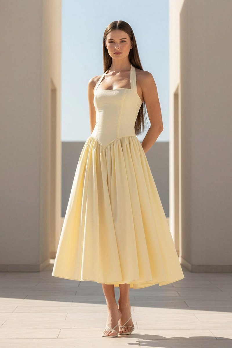 Yellow Halter A Line Satin Pleated Tea Length Formal Prom Dresses