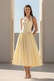 Yellow Halter A Line Satin Pleated Tea Length Formal Prom Dresses