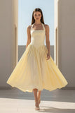 Yellow Halter A Line Satin Pleated Tea Length Formal Prom Dresses