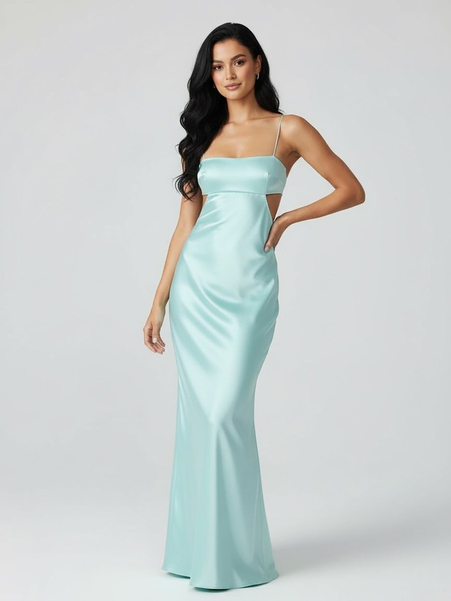 Spaghetti Straps Sheath Aqua Blue Prom Dress Formal Satin Party Dress