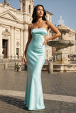 Spaghetti Straps Sheath Aqua Blue Prom Dress Formal Satin Party Dress