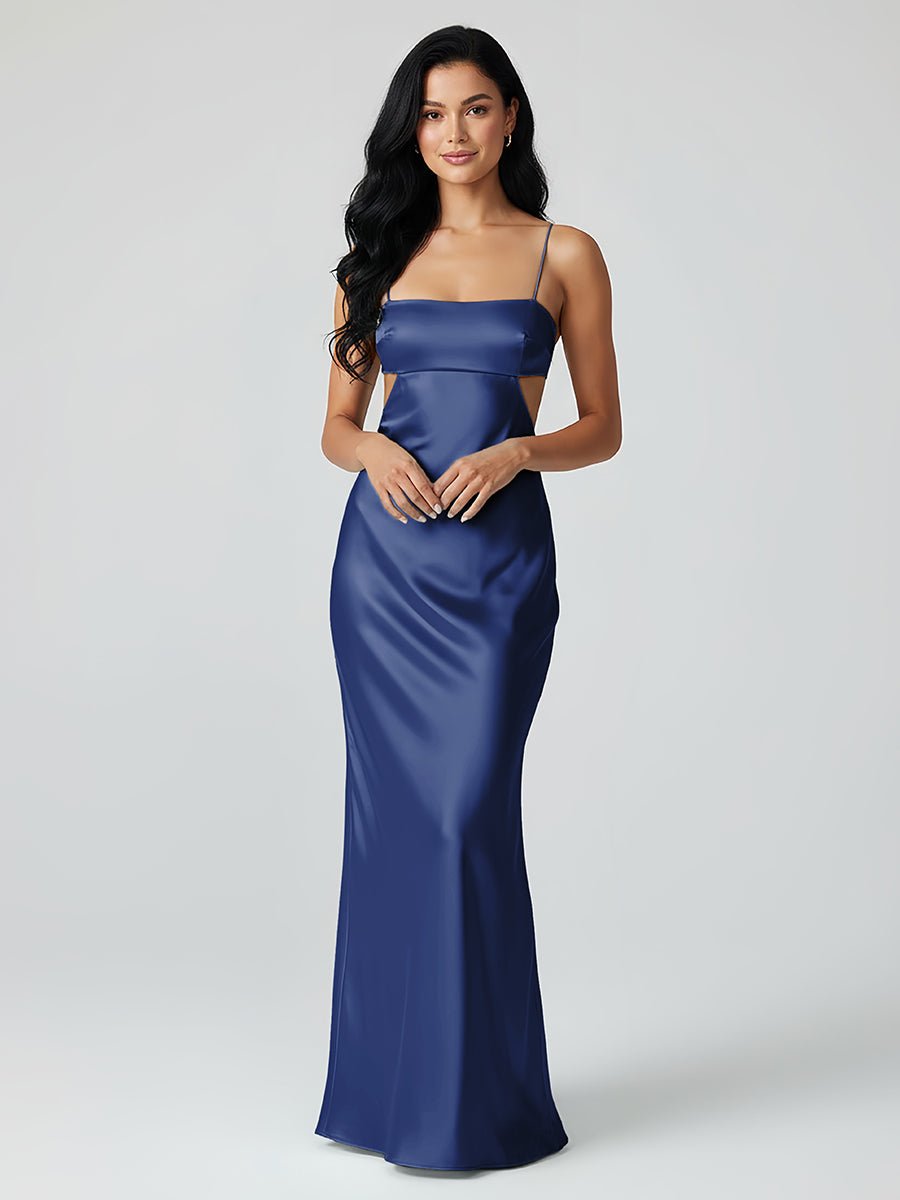 Spaghetti Straps Sheath Aqua Blue Prom Dress Formal Satin Party Dress