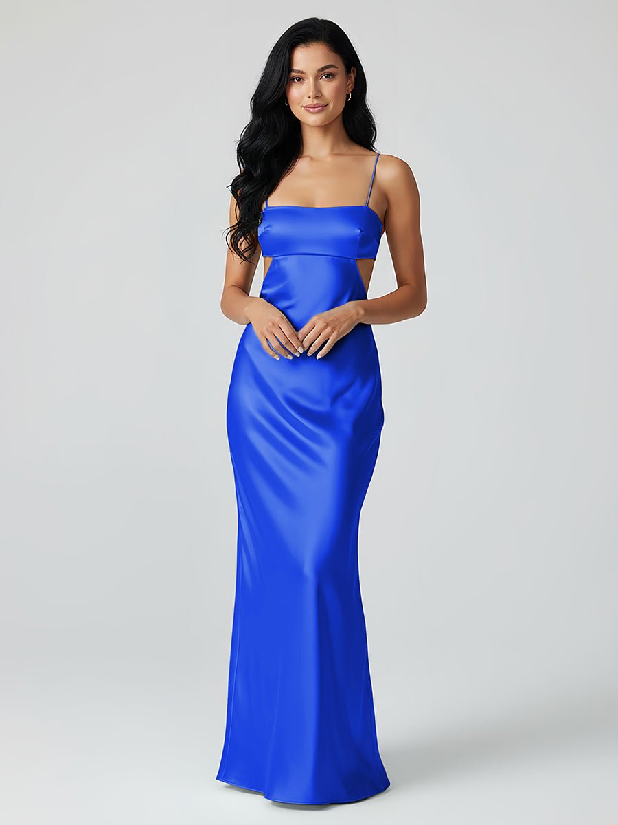 Spaghetti Straps Sheath Aqua Blue Prom Dress Formal Satin Party Dress