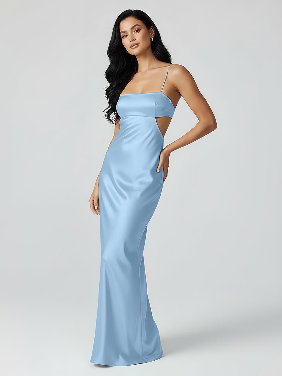Spaghetti Straps Sheath Aqua Blue Prom Dress Formal Satin Party Dress