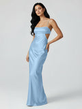 Spaghetti Straps Sheath Aqua Blue Prom Dress Formal Satin Party Dress
