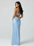 Spaghetti Straps Sheath Aqua Blue Prom Dress Formal Satin Party Dress
