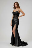 Sage Spaghetti Straps Satin Mermaid Long Prom Dress with Slit