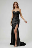 Sage Spaghetti Straps Satin Mermaid Long Prom Dress with Slit