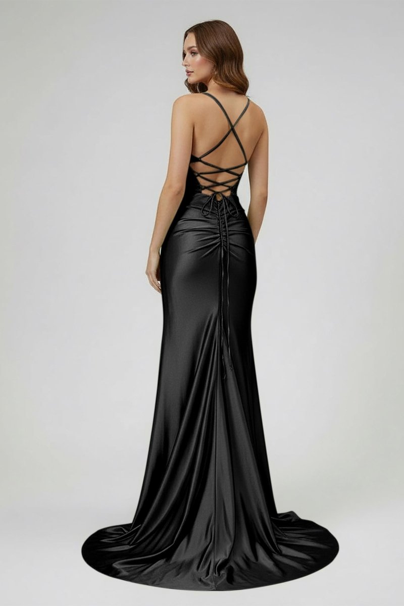 Sage Spaghetti Straps Satin Mermaid Long Prom Dress with Slit