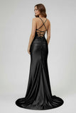 Sage Spaghetti Straps Satin Mermaid Long Prom Dress with Slit