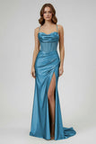 Sage Spaghetti Straps Satin Mermaid Long Prom Dress with Slit